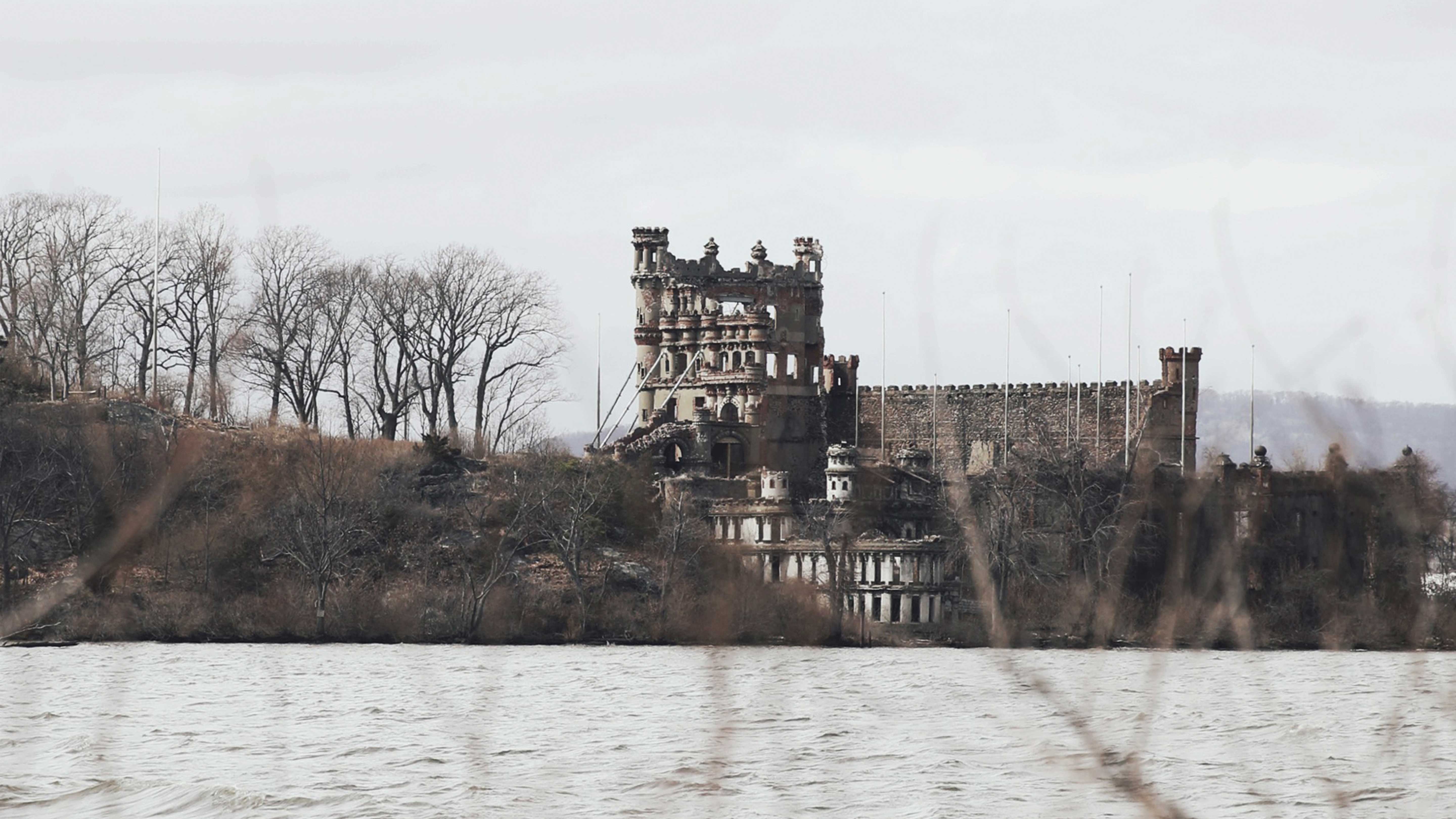 View of the historic Bannerman Castle ruins on the Hudson River,