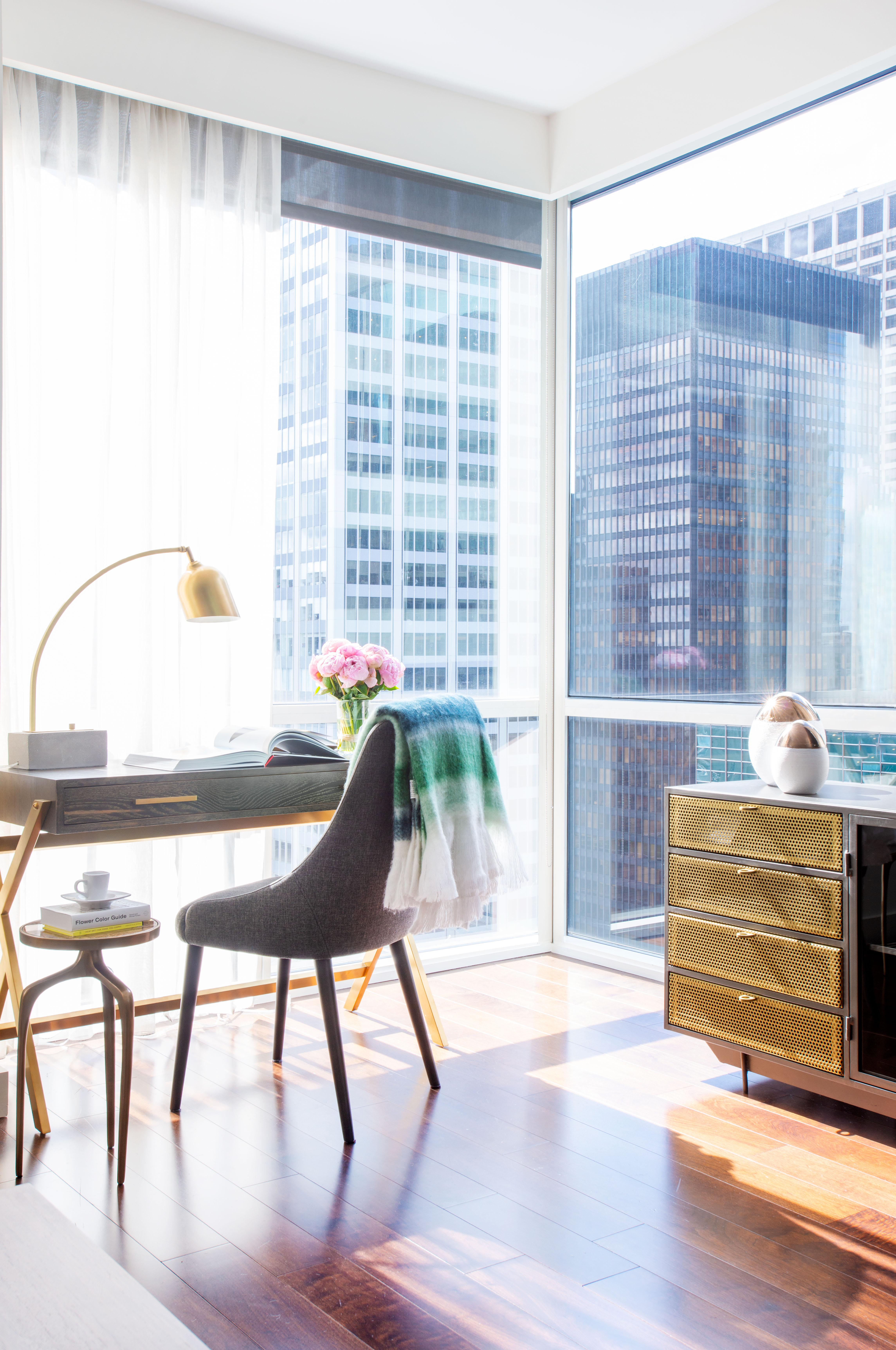 Desk area in a luxury apartment unit in New York City.