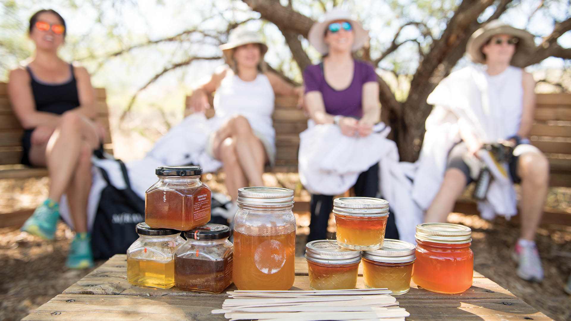 Eight jars of honey on a table outside for tasting.