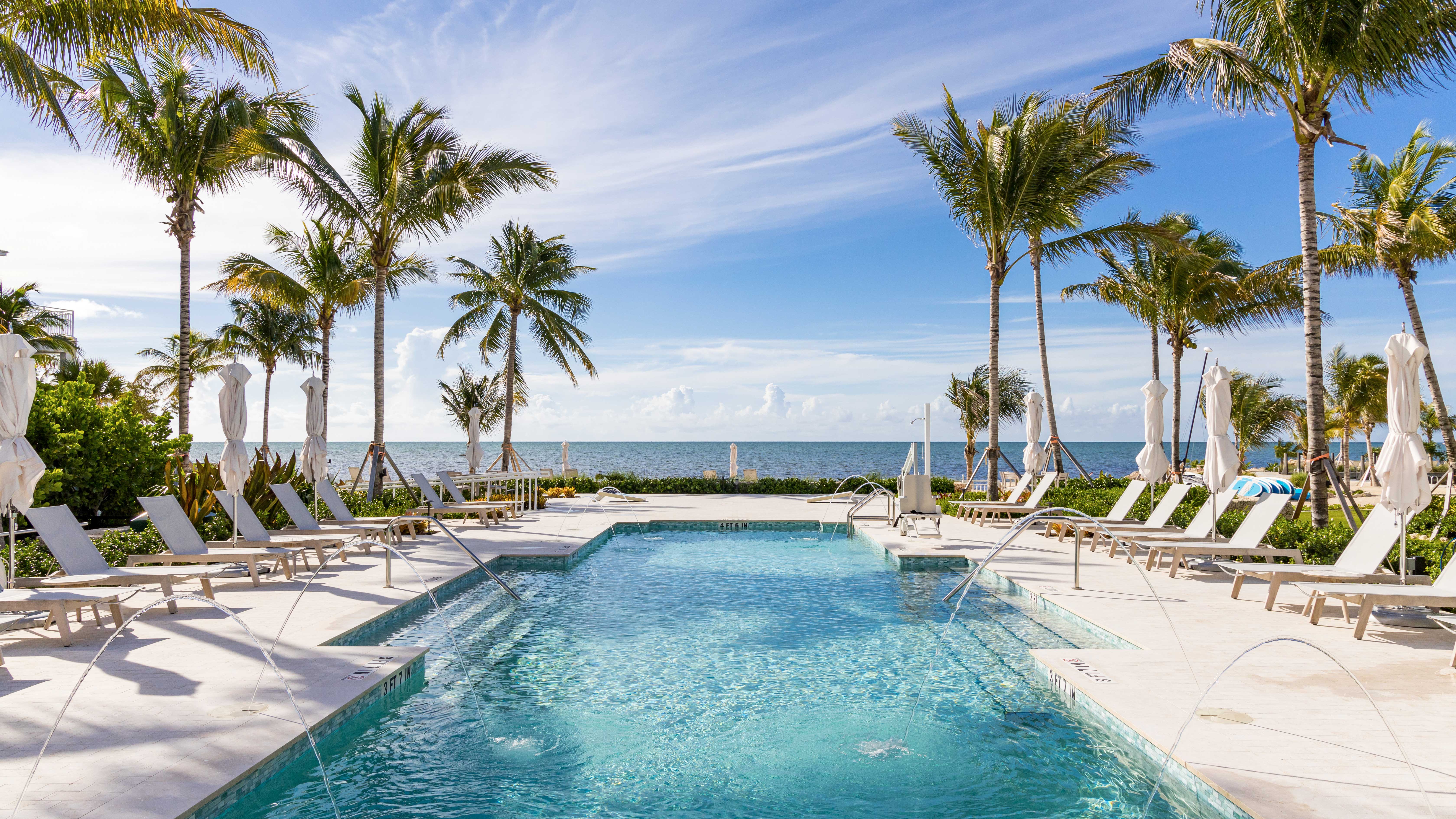 Resort pool with views of the ocean in Islamorada, Florida.