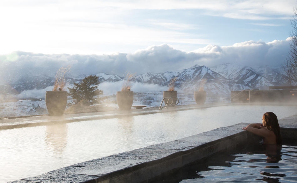 A hot tube looking out at The Grand Tetons in Wyoming.