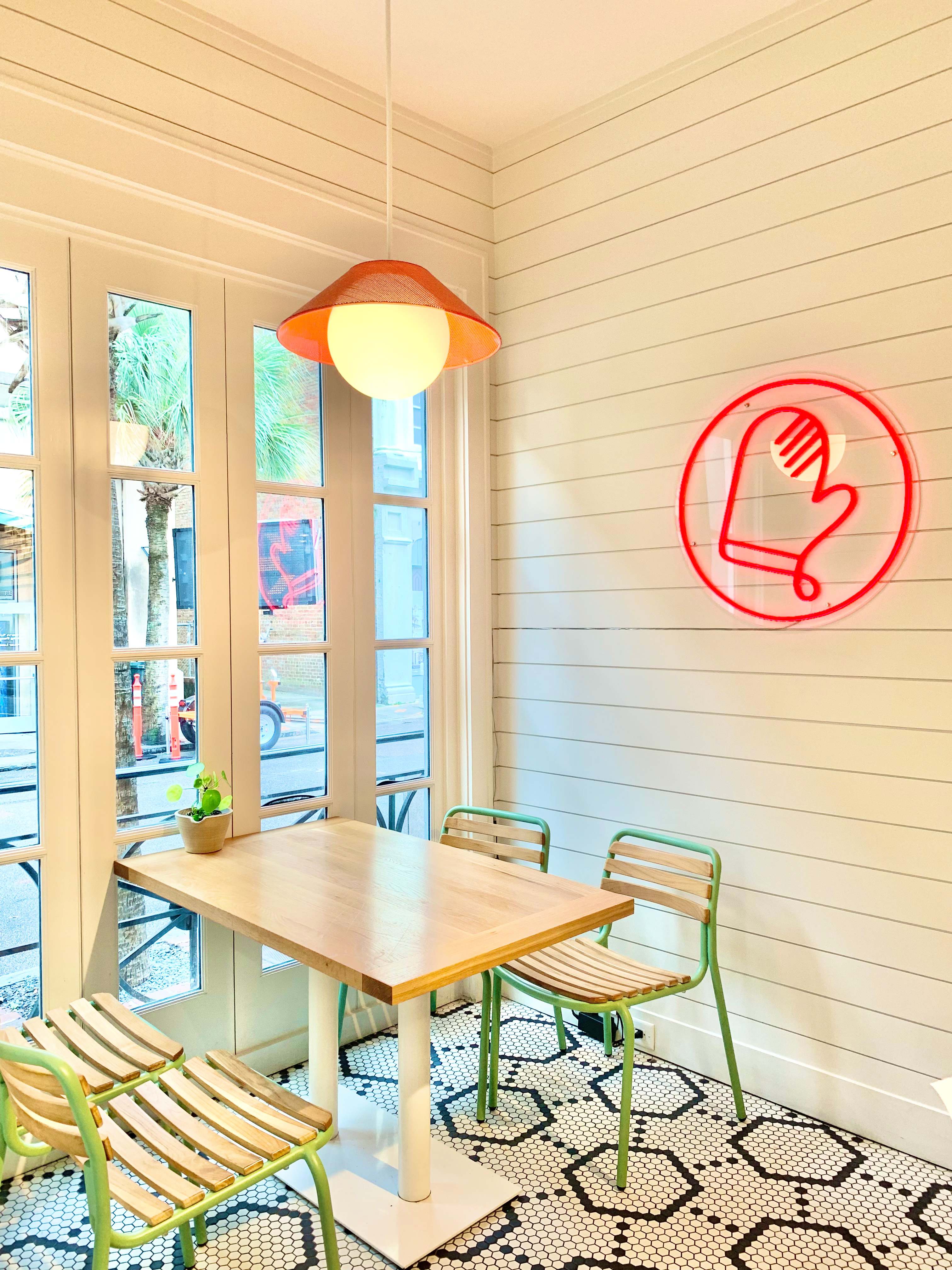 Indoor seating at a restaurant in Charleston, South Carolina.