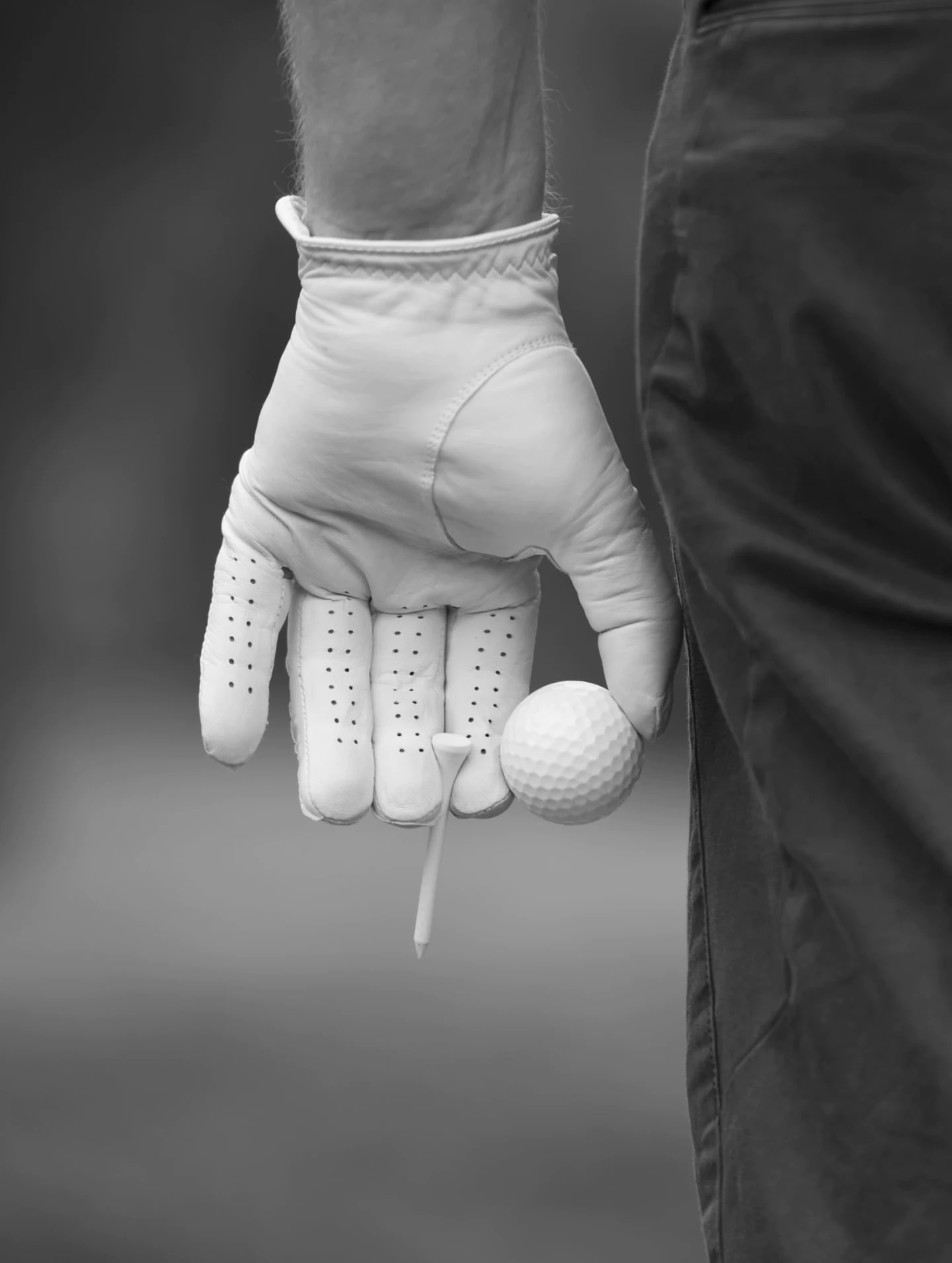 A golfer's hand holding a golf ball and tee.