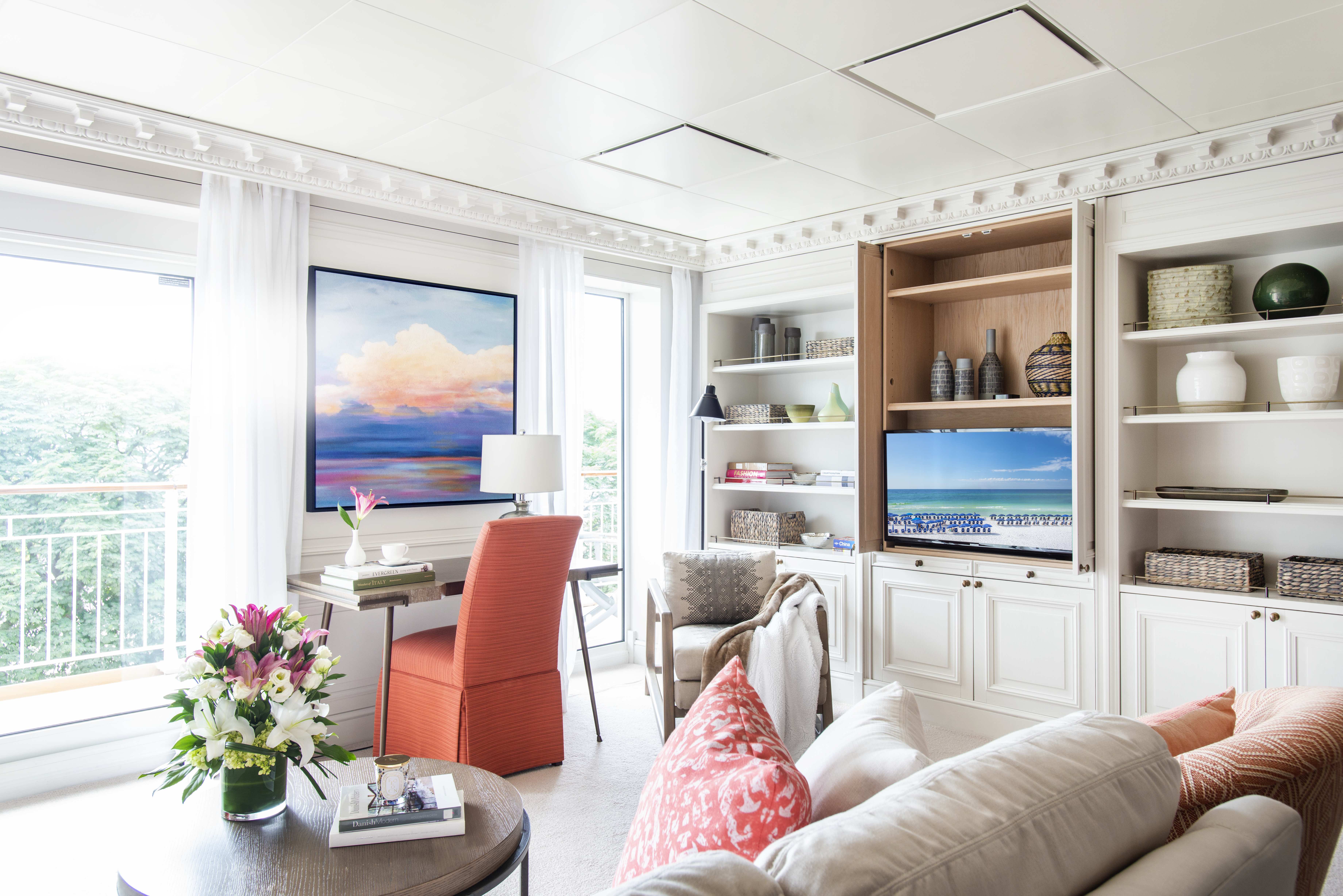Living room in unit on luxury ship.