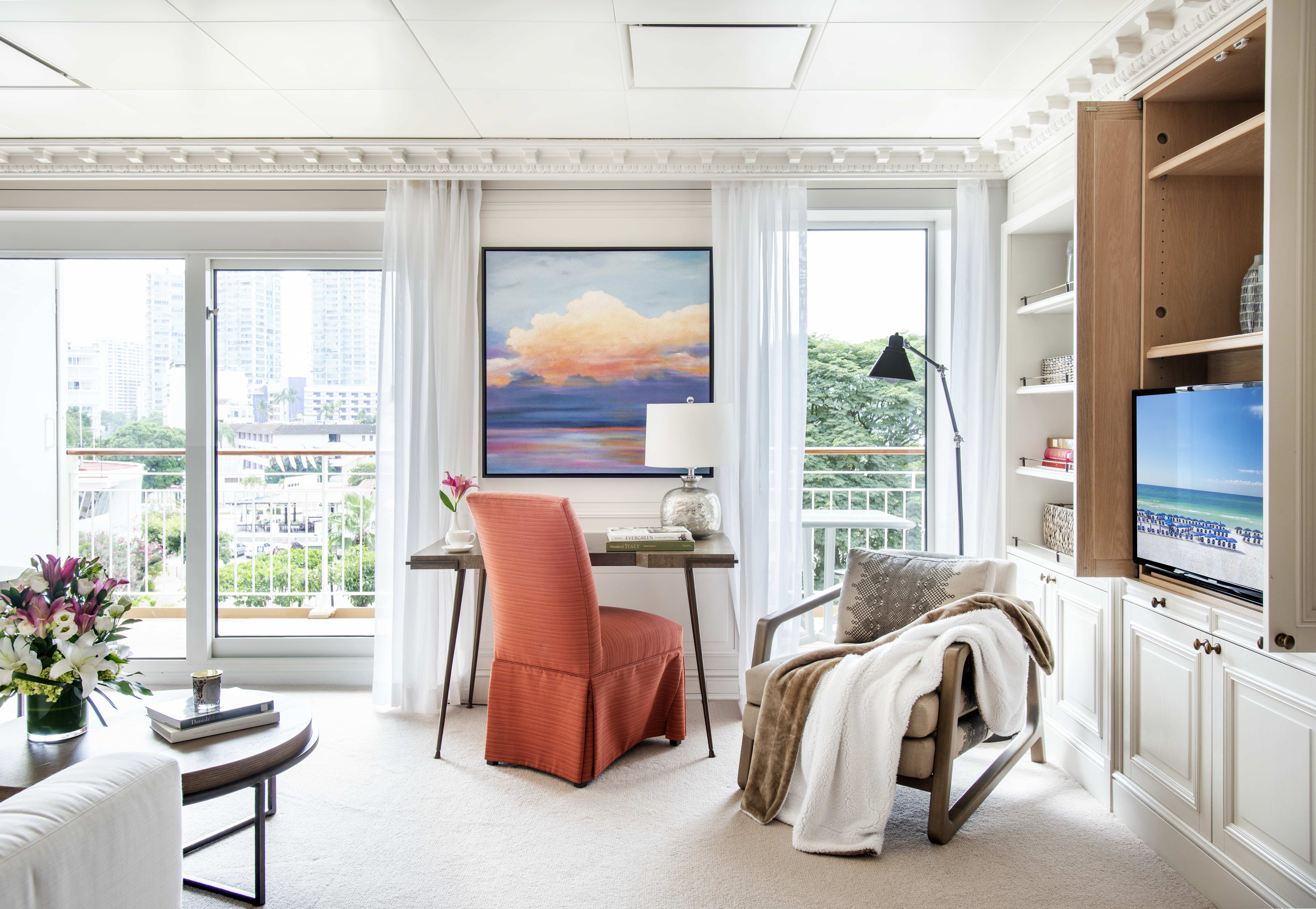 Living room in unit on luxury ship.