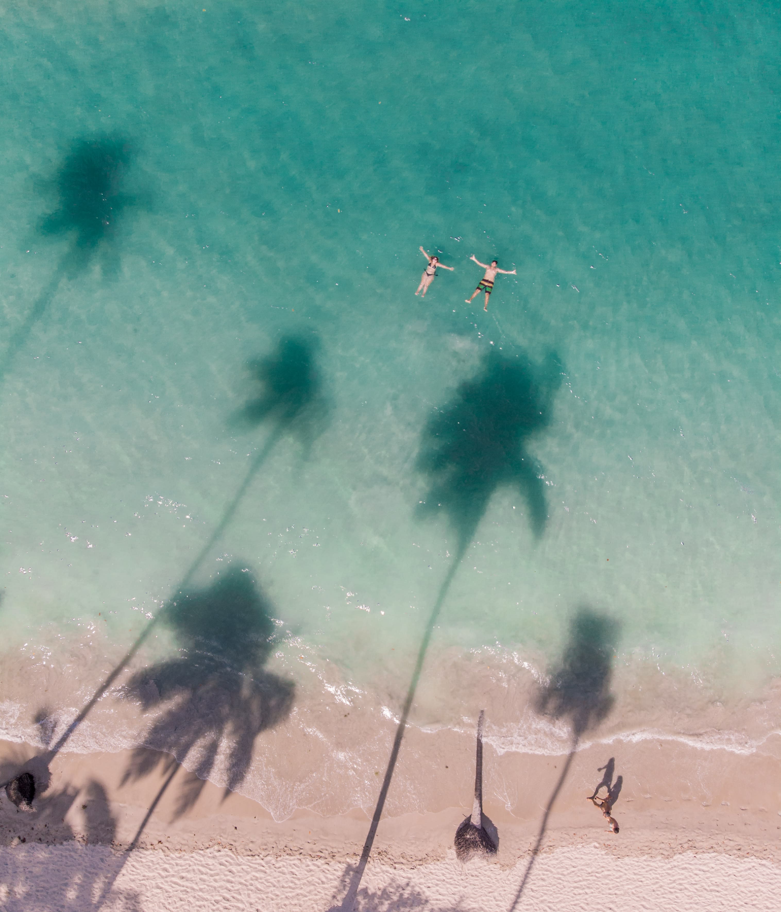 Aerial view of people swimming at a beach with pink sand.