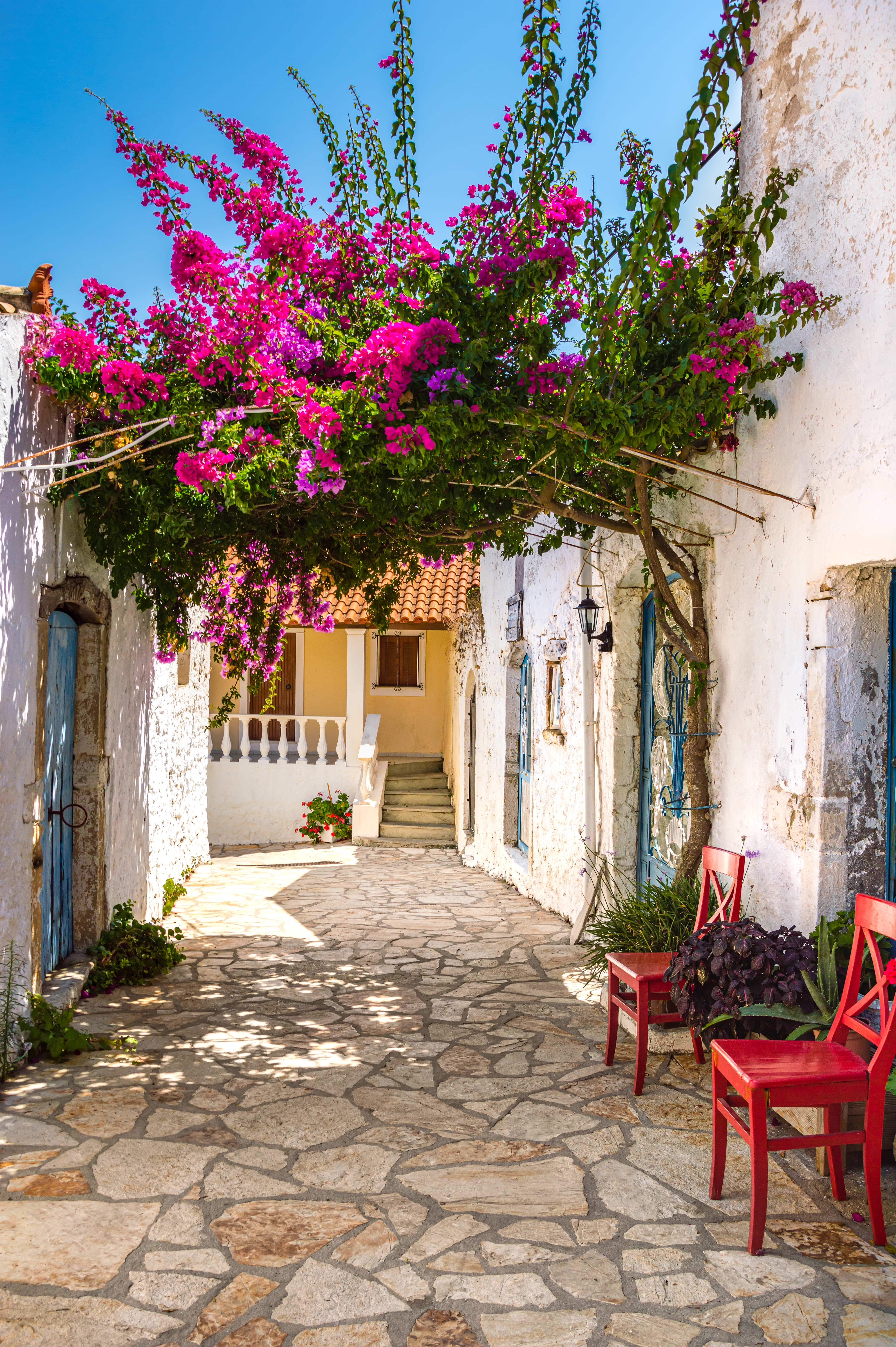Colorful street in Corfu with vibrant pink bougainvillea and red chairs against white stone buildings.