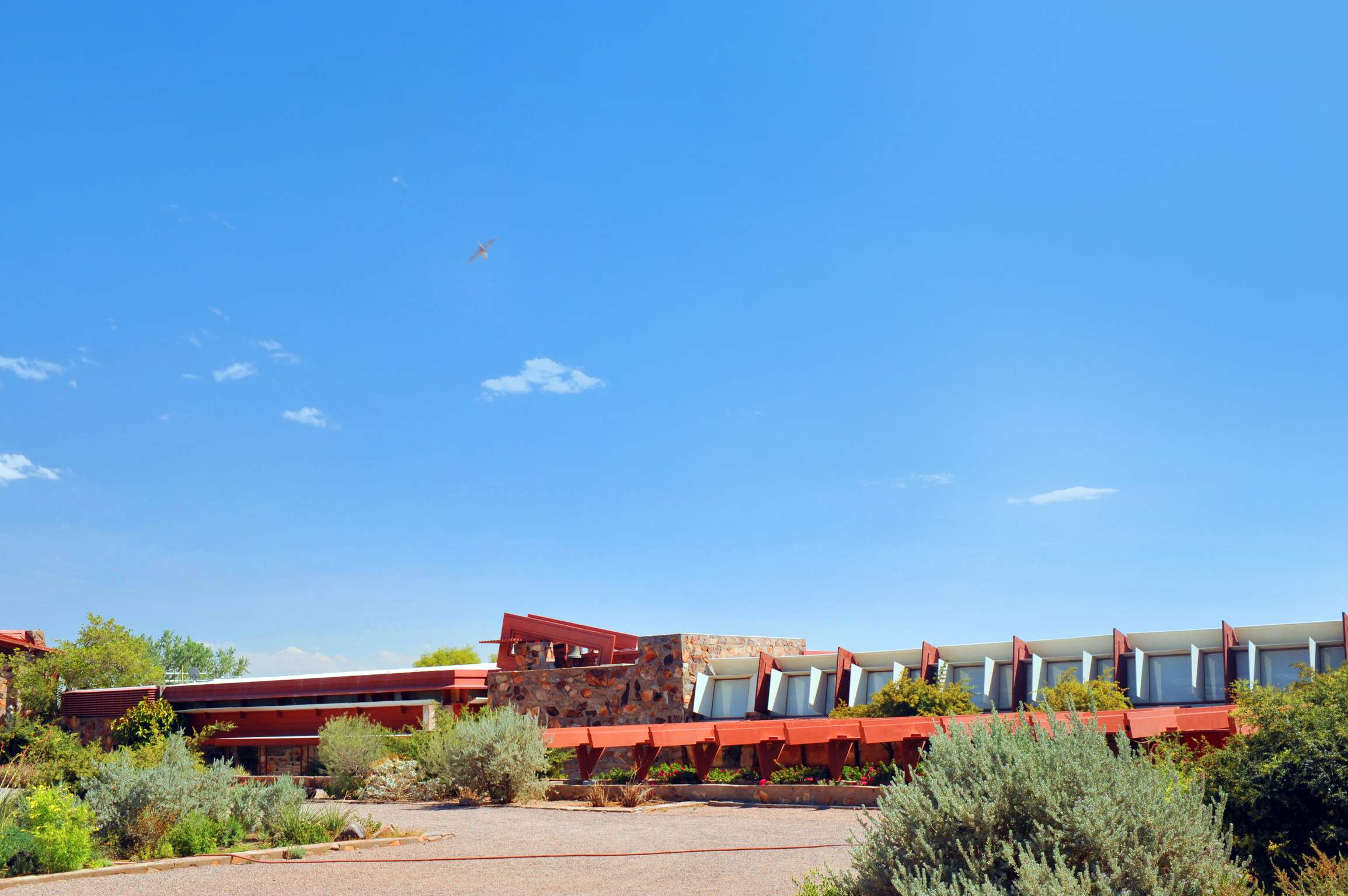 Exterior view of Taliesin West, Frank Lloyd Wright's winter home and architectural school in Scottsdale, Arizona.