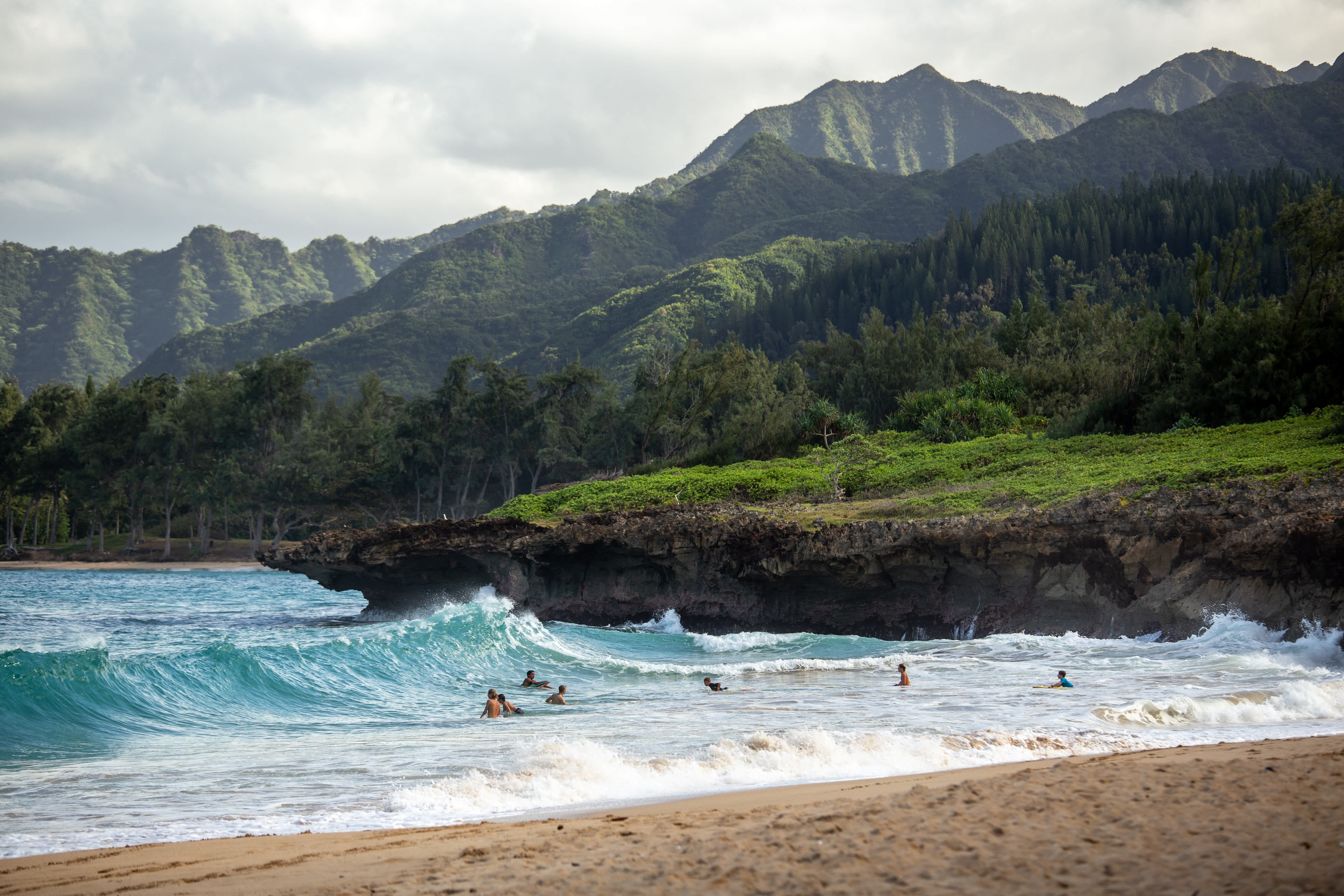 People swimming and surfing in the waves near a lush, green coastline on the Kohala Coast.