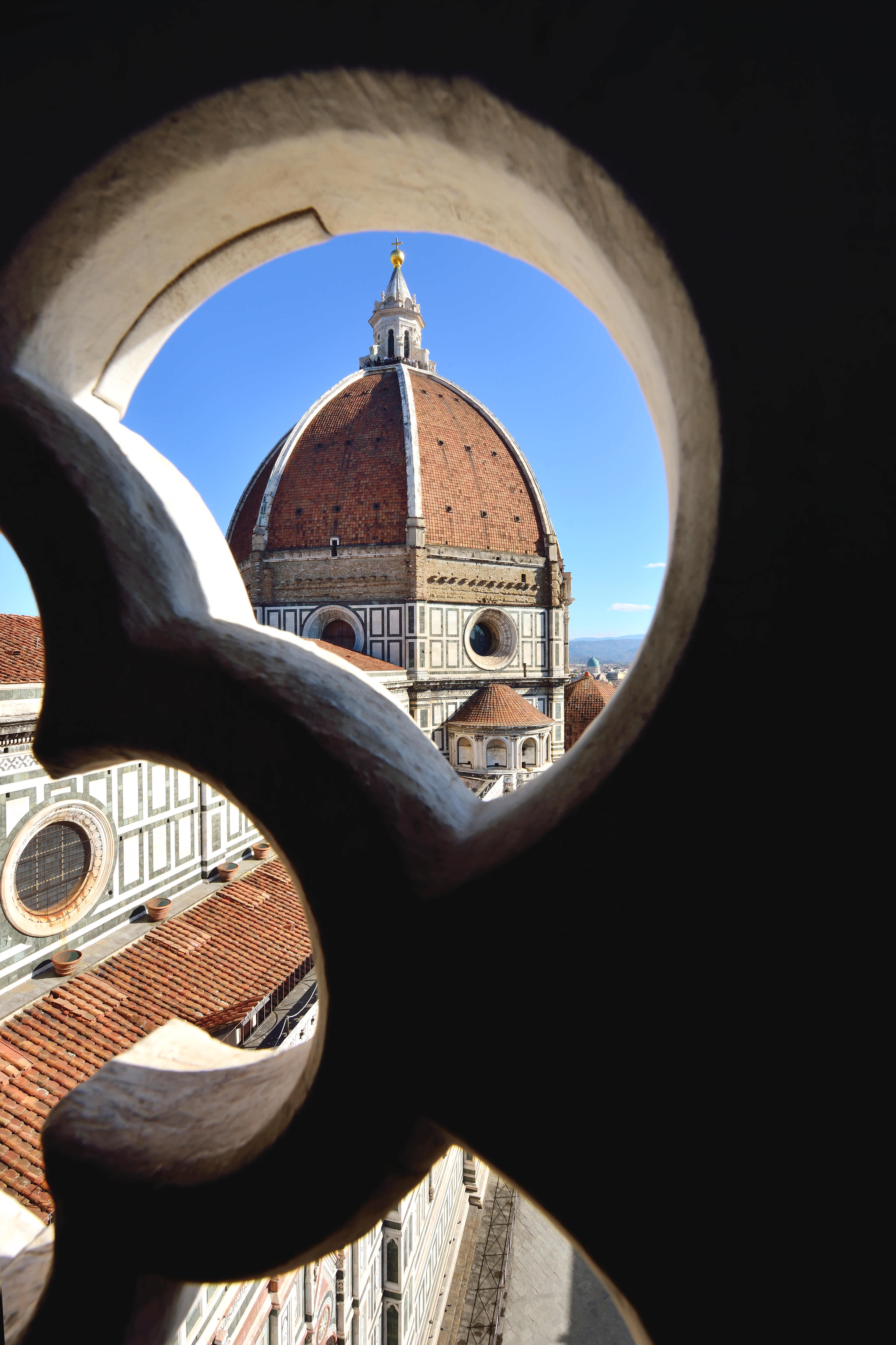 View on Duomo Santa Maria Del Fiore from bell tower's window, Florence, Italy.