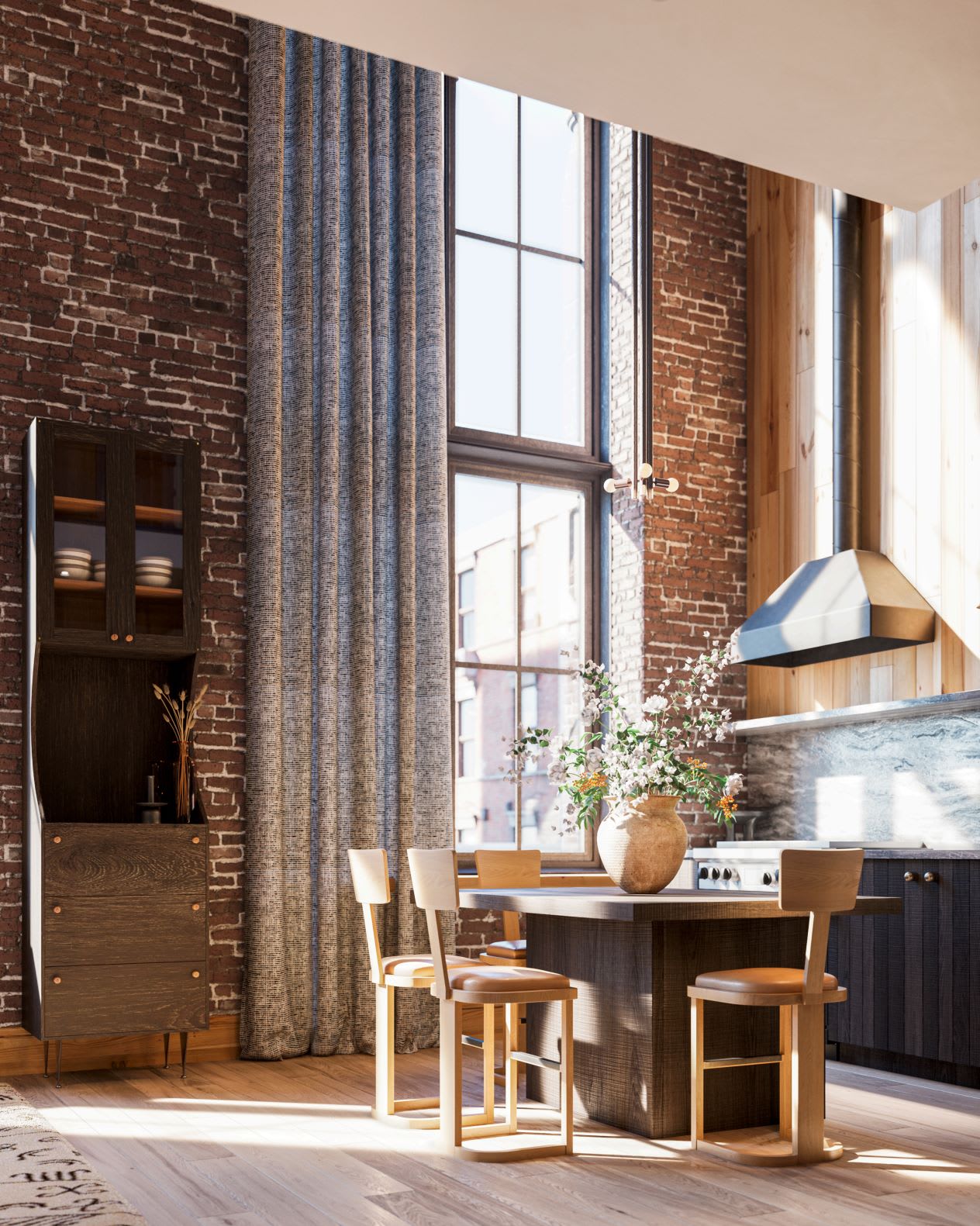 Modern kitchen with tall windows, exposed brick walls, and wooden finishes at Exclusive Resorts property in Charleston at 71 Wentworth.