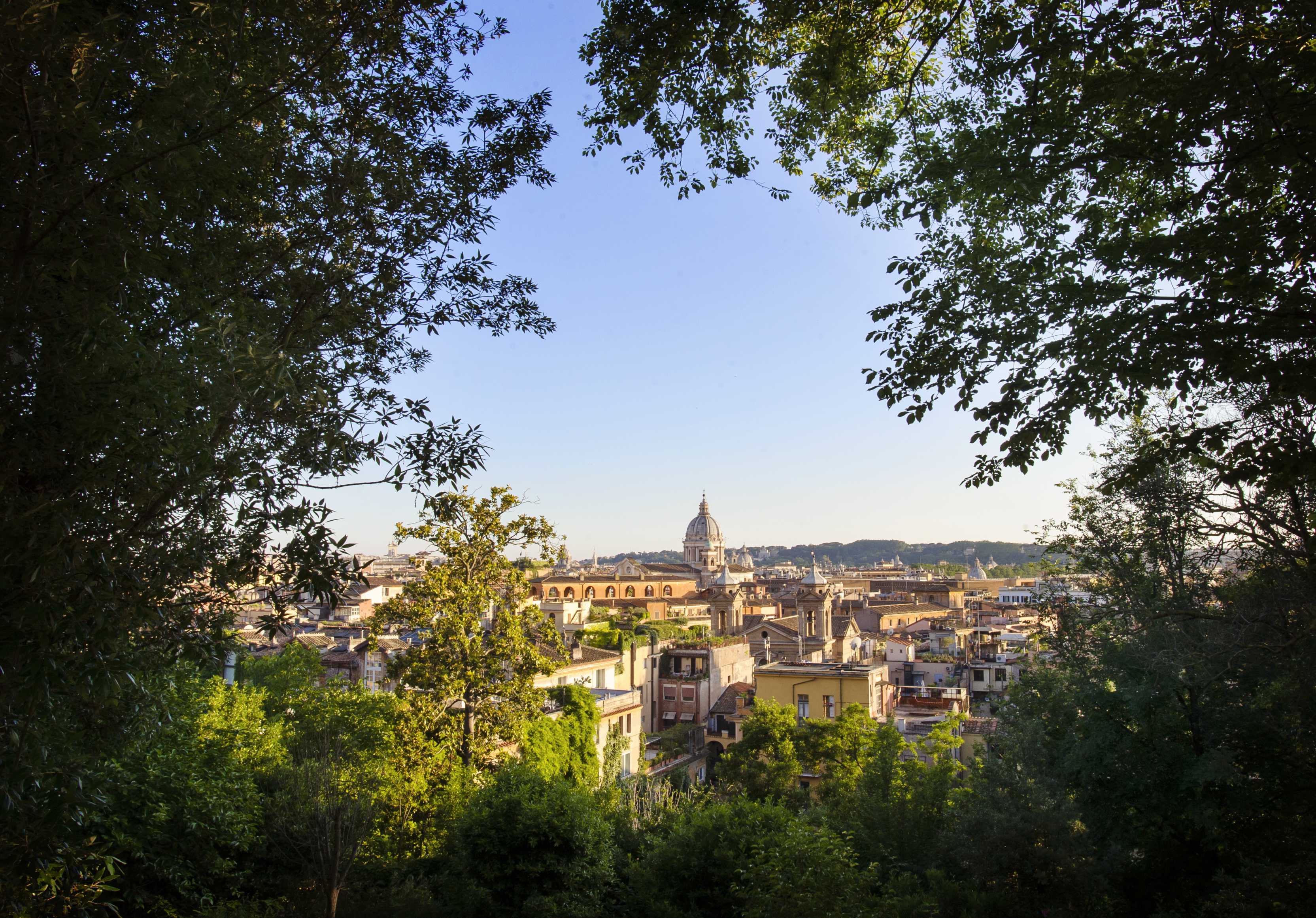 A scenic view of Rome's skyline framed by lush green trees, with historic buildings and a prominent dome visible under a clear blue sky.