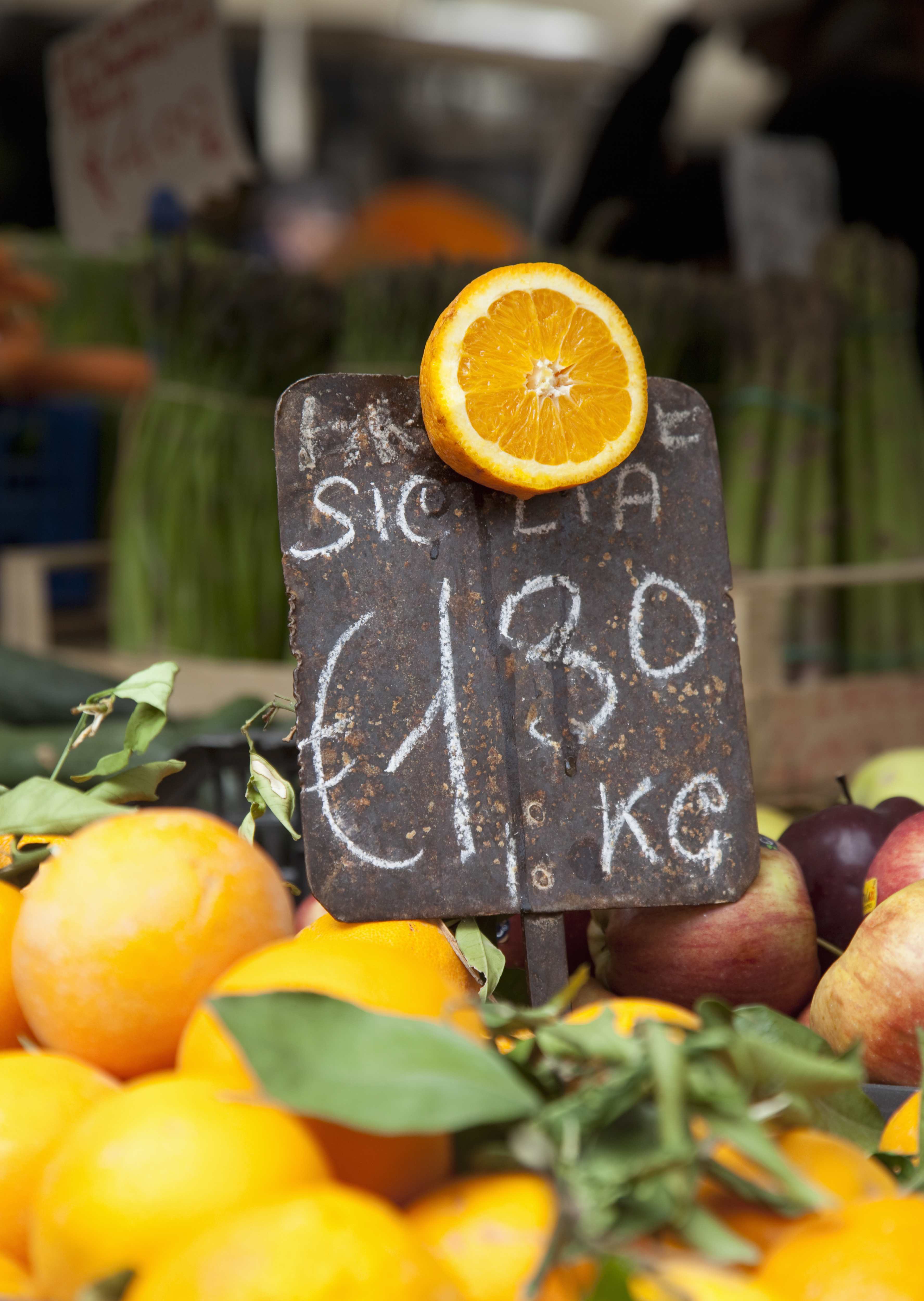 A close-up of a market stall sign displaying the price of oranges at €1.30 per kilogram, with a halved orange resting on top of the sign and fresh produce in the background.