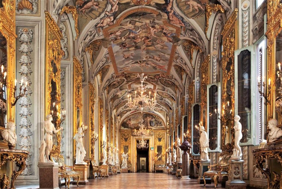 The ornate Galleria Colonna in Rome, featuring decorated ceilings, chandeliers, and statues.