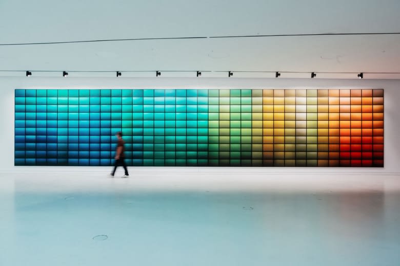Colorful gradient art installation at MAAT Museum, Lisbon, Portugal
