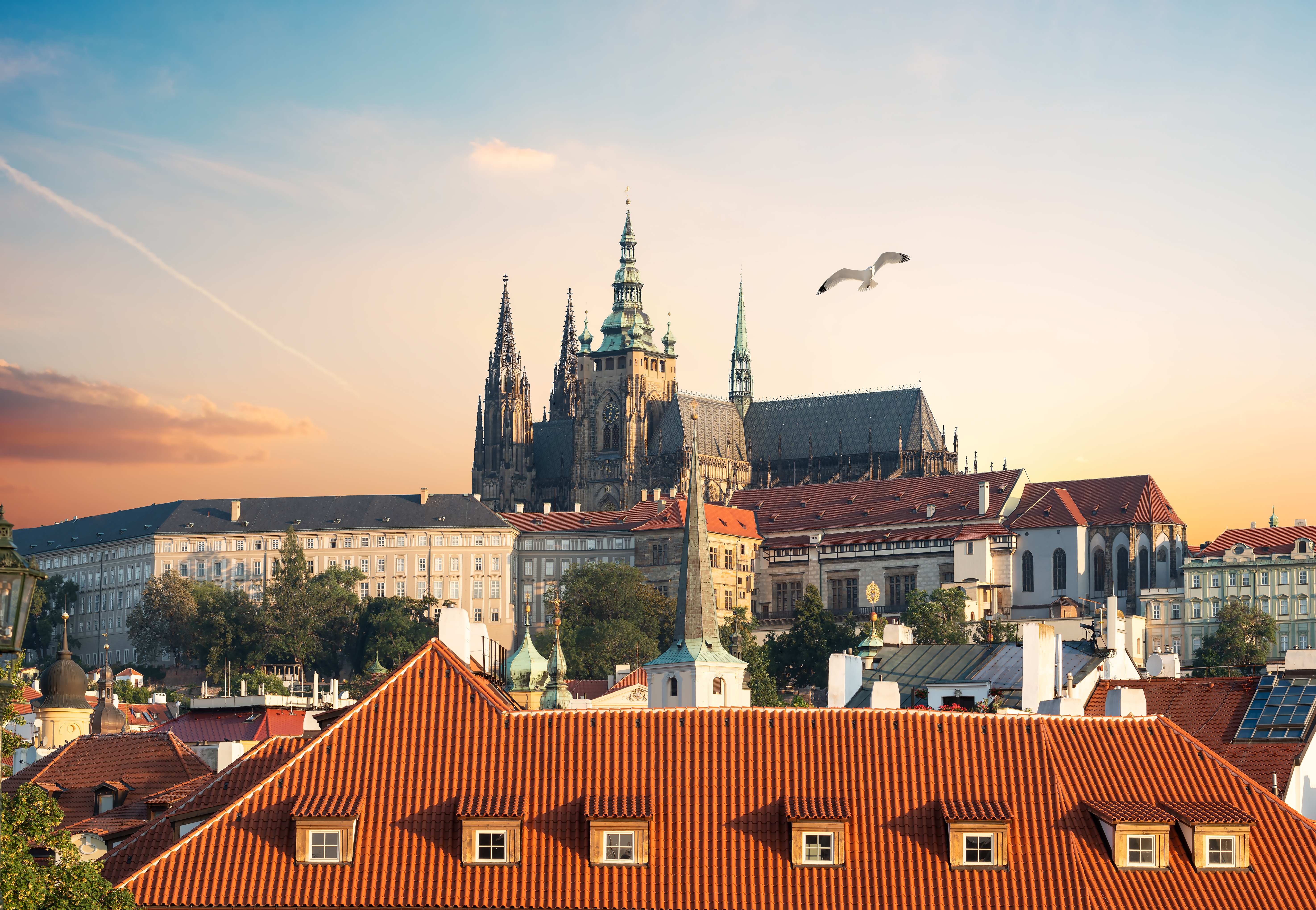 View of St. Vitus Cathedral with spires and surrounding buildings with red roofs at sunset in Prague, Czech Republic