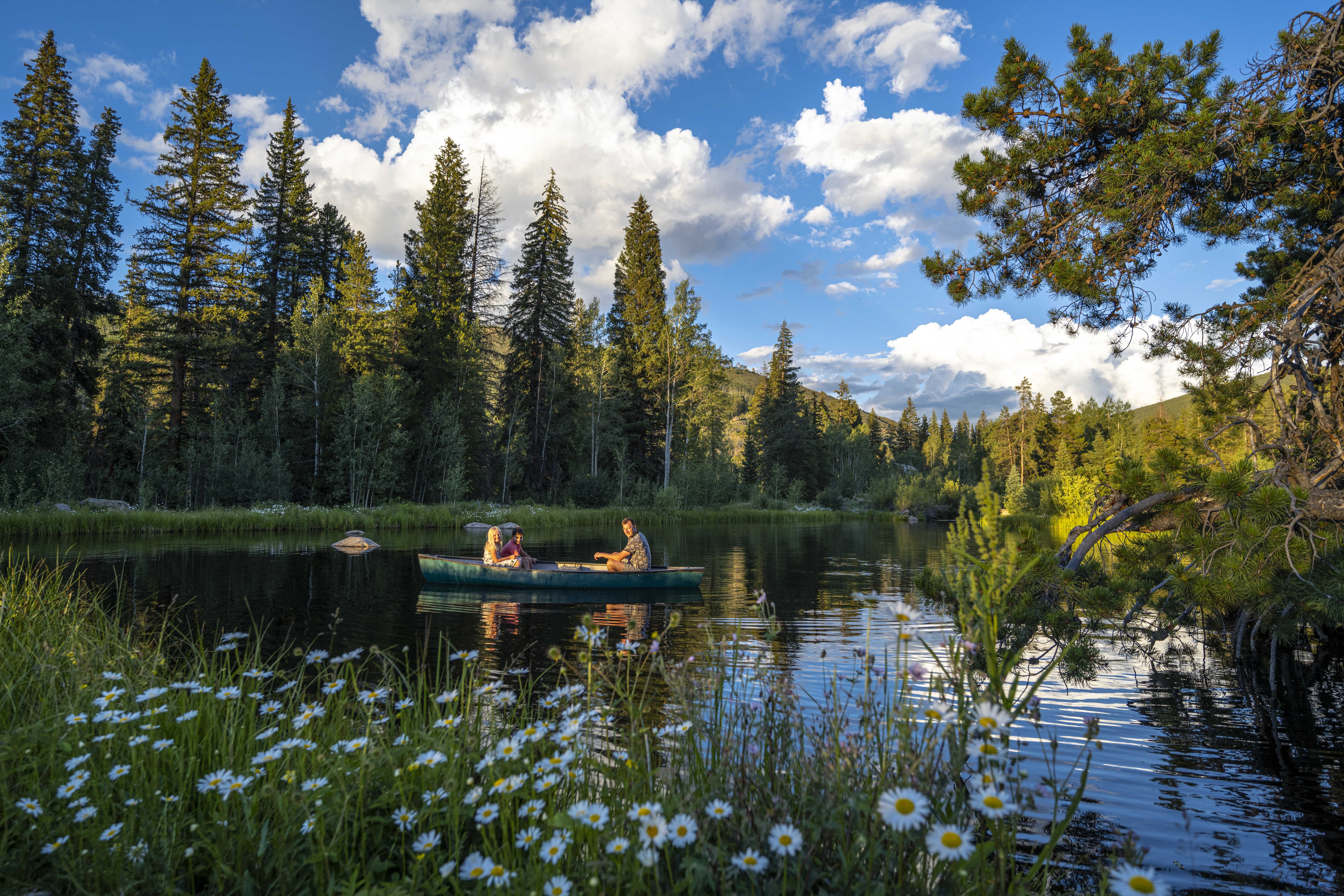 A family canoeing on a serene river surrounded by pine trees under a bright blue sky in Colorado.