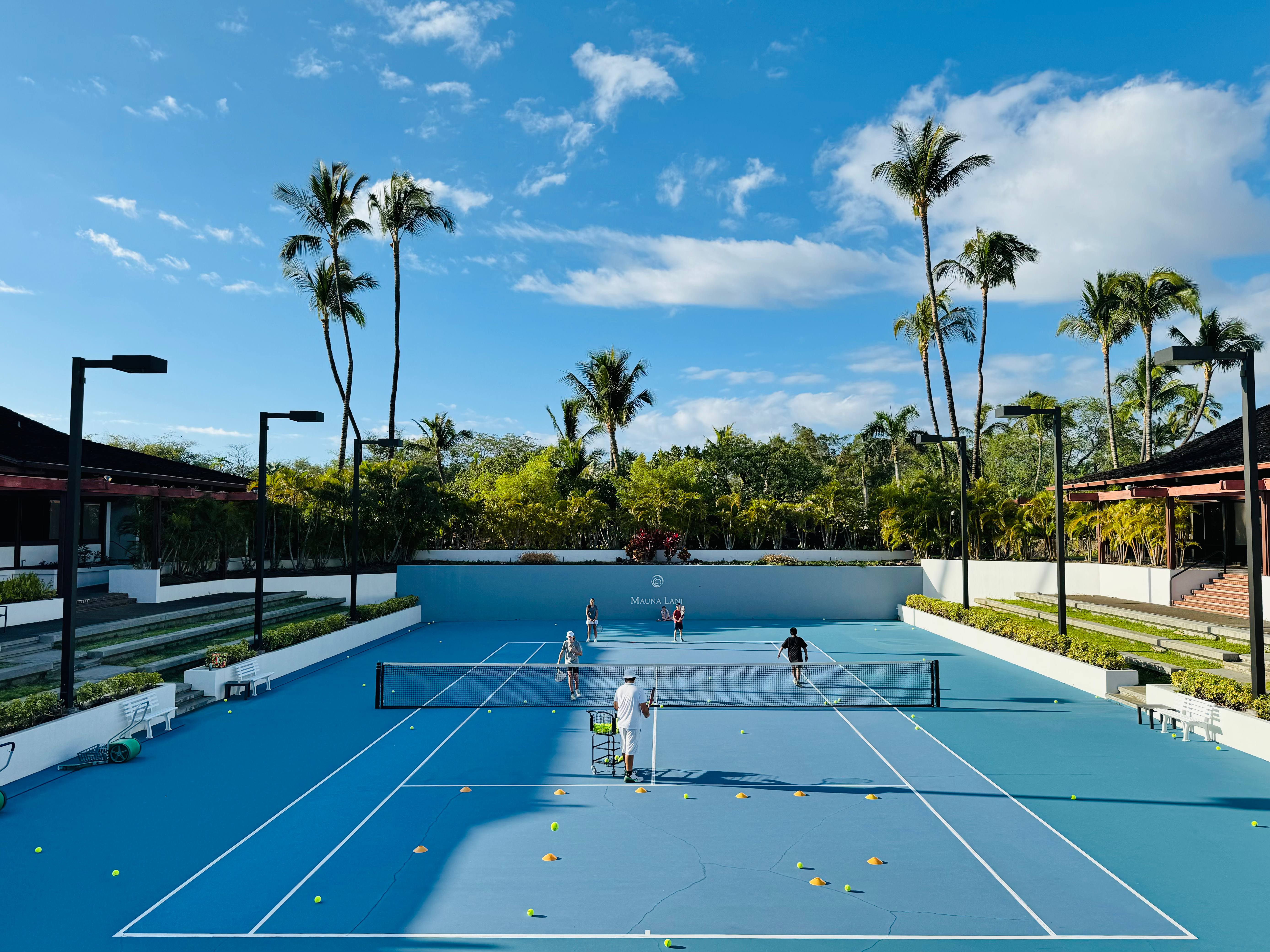 Tennis court surrounded by palm trees at Mauna Lani on the Kohala Coast.
