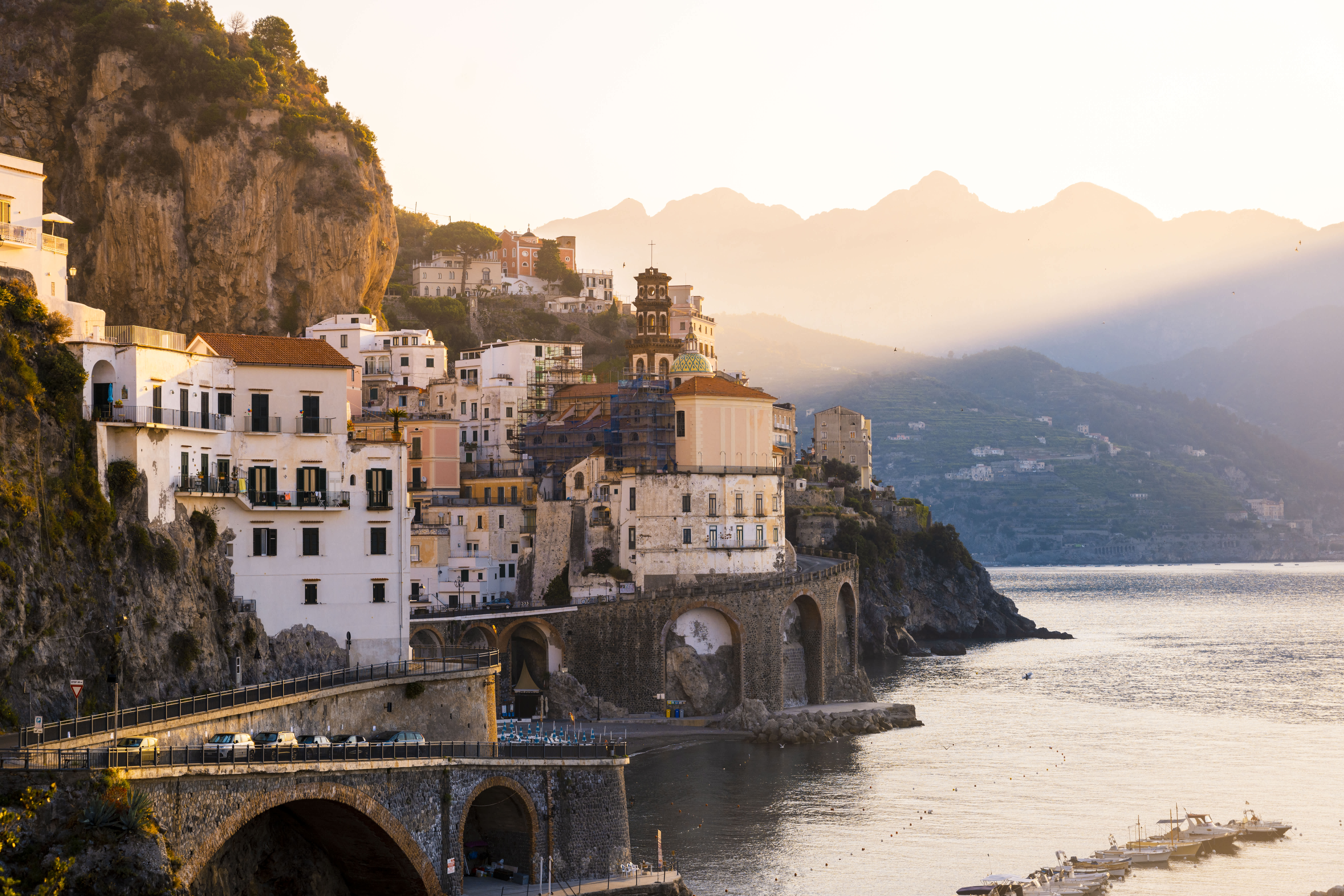 Sunset over the picturesque town of Atrani on the Amalfi Coast.
