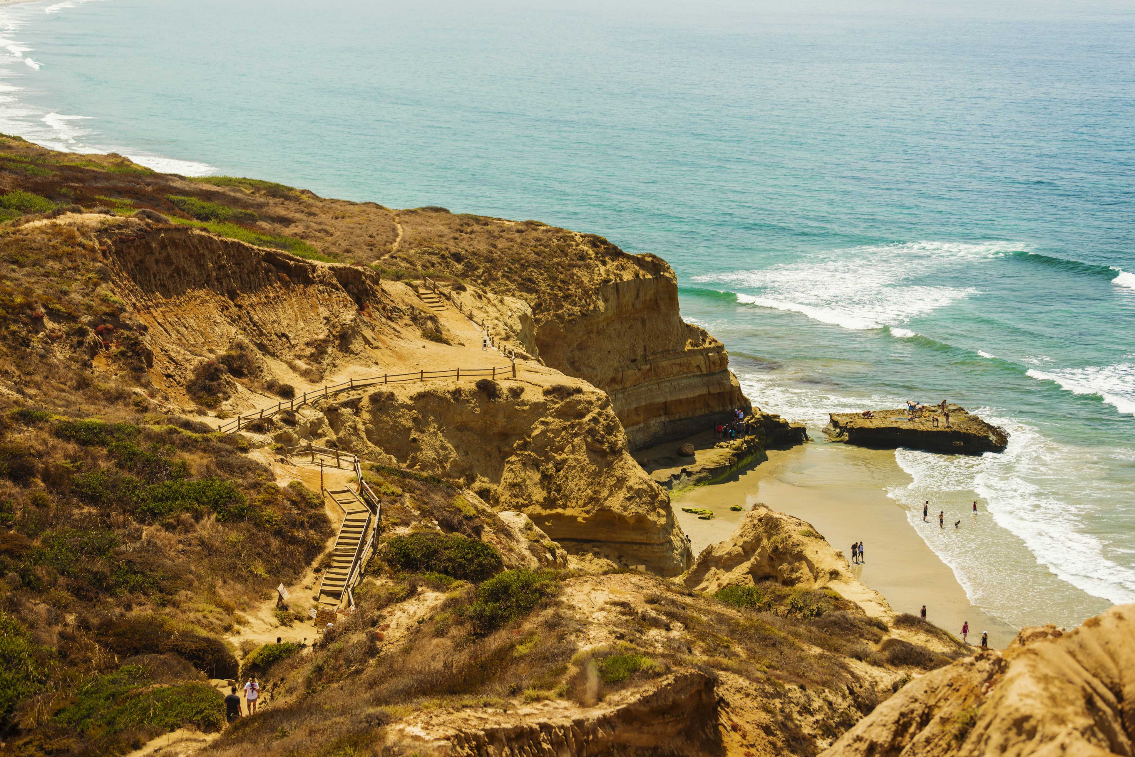 Coastal landscape with a sandy beach and cliffside path at La Jolla.