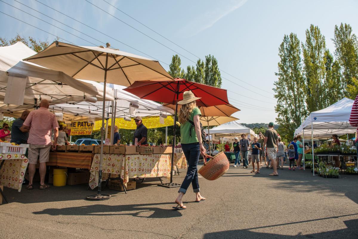 People shopping at the Napa Valley Farmers Market on a sunny day.