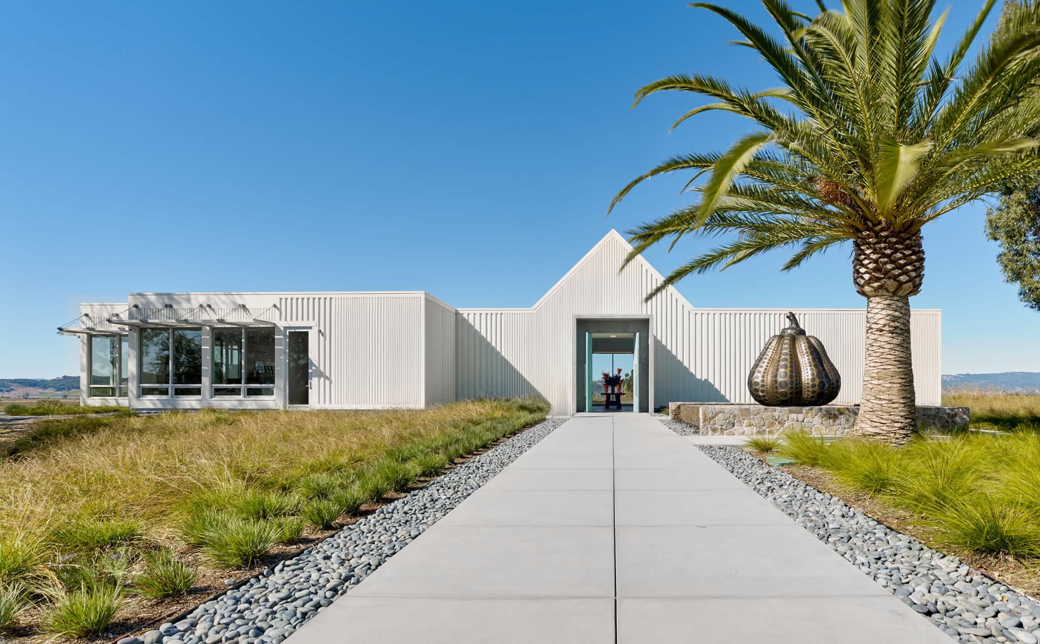 Modern white building at The Donum Estate entrance in Napa Valley with a large palm tree and sculpture in the foreground.