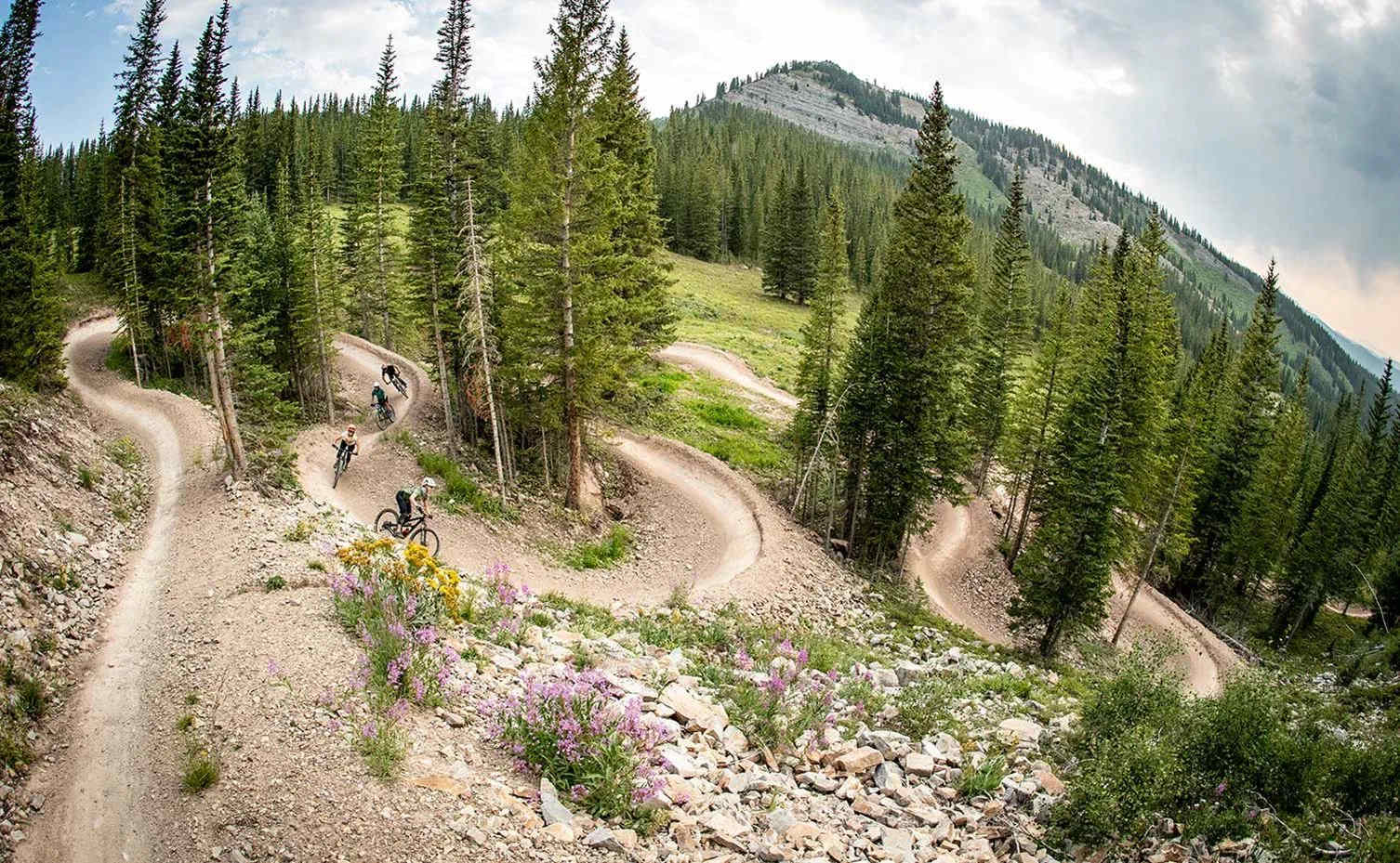 Mountain bikers navigating winding trails surrounded by dense forest at Snowmass Bike Park in Colorado.