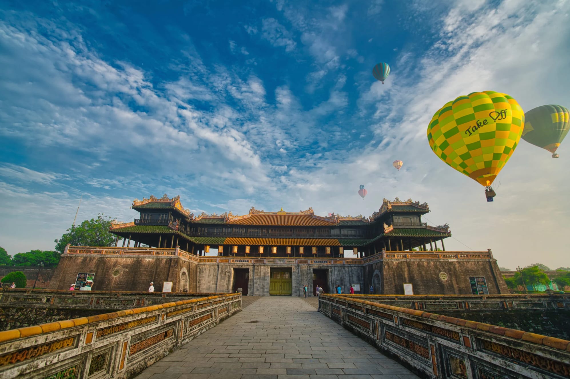 Hot air balloons flying over the ancient citadel in Hue, near Lang Co, Vietnam.