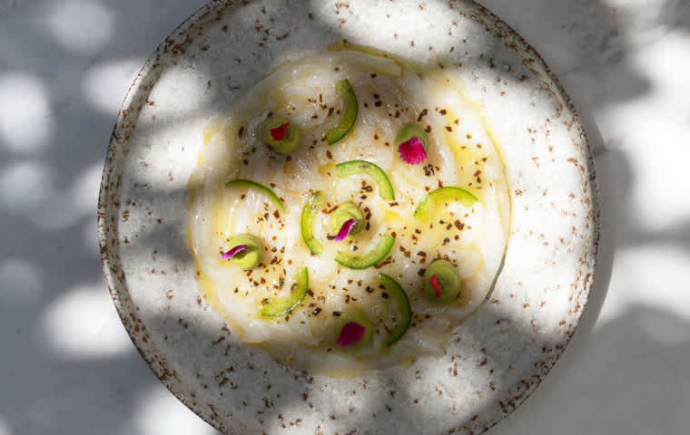A beautifully plated dish of thinly sliced fish carpaccio topped with cucumber slices, edible flowers, and a light drizzle of oil.